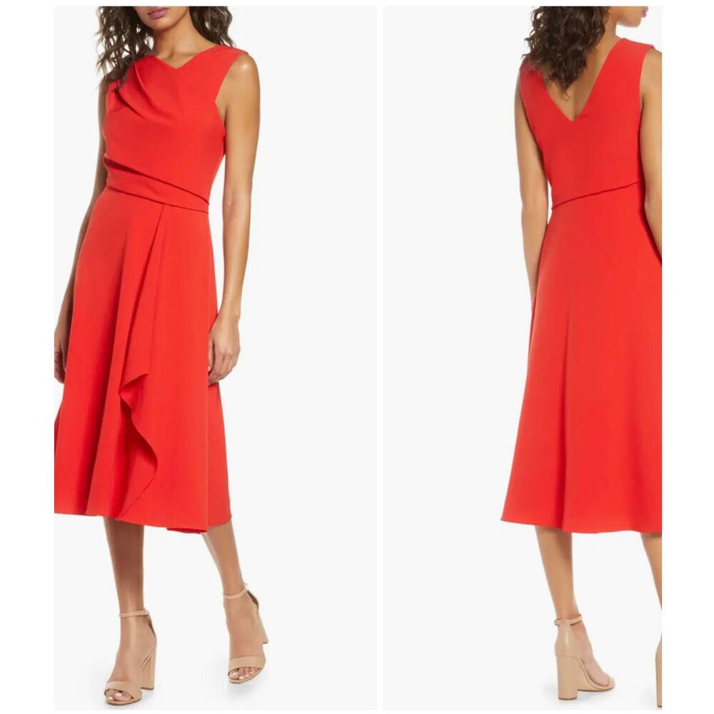 Donna Ricco Red Crepe Midi Dress Asymmetrical Draped Flowy Sleeveless NWT Size 6